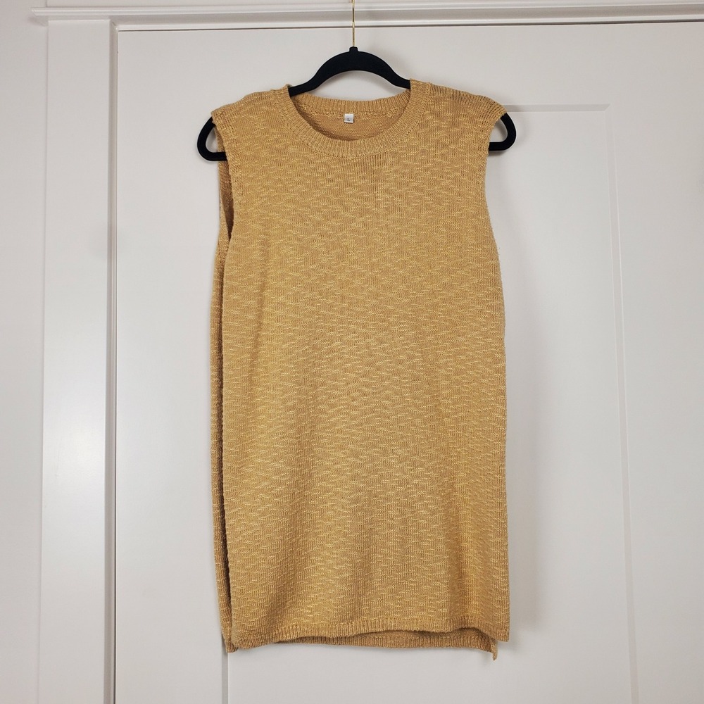 Earth Tone Knit Sweater Vest Womens Large Yellow Sleeveless Side Slit HXFS-0551